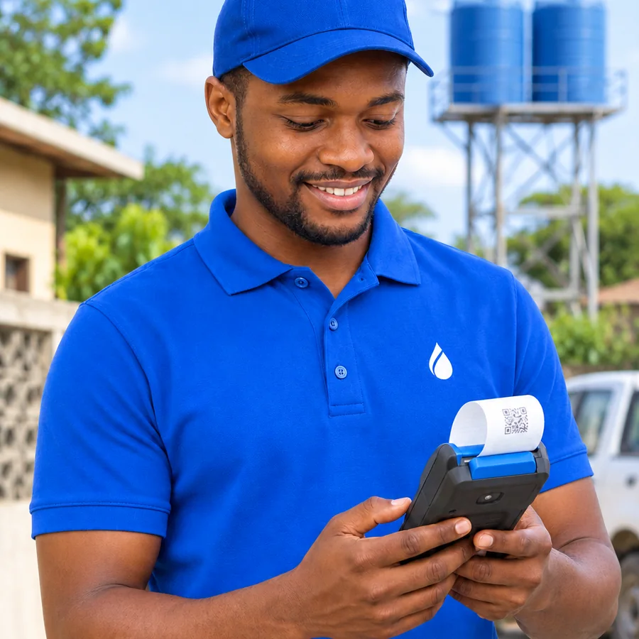 Leitor da Hydra, de camisa azul, a imprimir na maquininha a factura de água do cliente, com a torre de água atrás